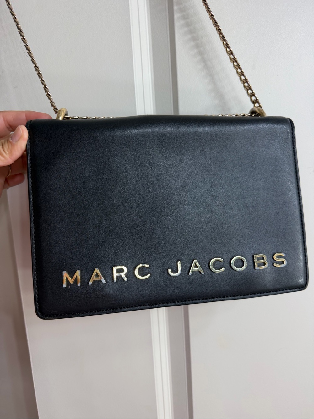 Marc Jacobs Black Leather Shoulder Bag with Gold Logo